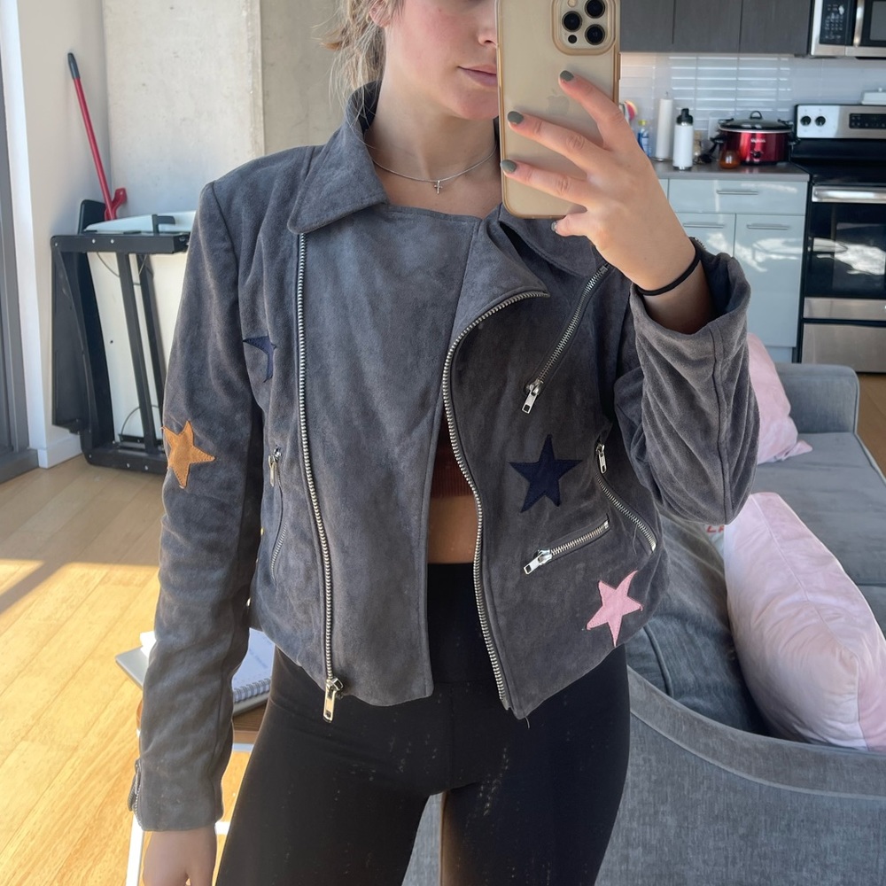 Grey suede jacket with star patches!!